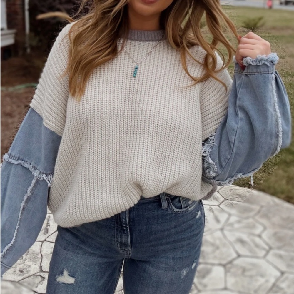 Cream and Blue Women's Denim Sweater